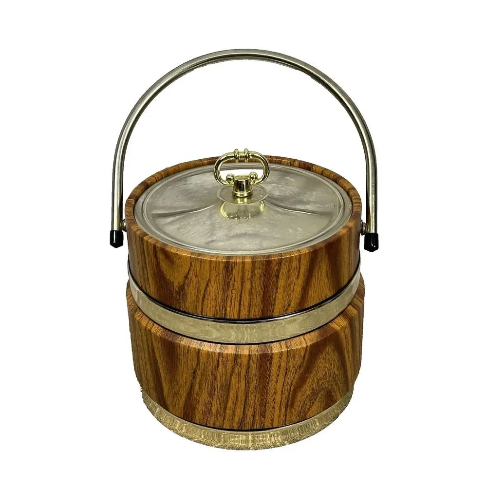 Vintage Ice Bucket‎ Faux Wood Insulated Barware Goldtone Banded Handle Pail